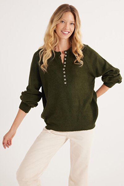 Tudors Kadın Oversize Geniş Kesim Düğmeli Yaka Yeşil Kazak