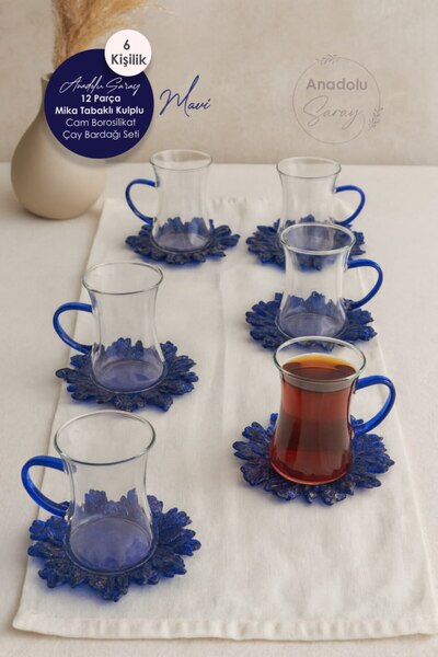 Anadolu Saray 12 Piece Blue Mica Plate Handled Glass Borosilicate Tea Cup Set