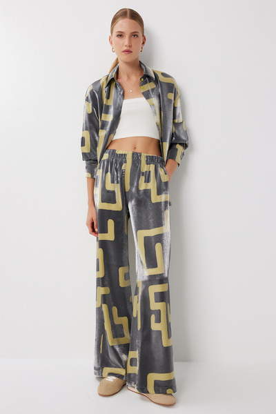 Lovelyİstanbul Σετ παντελόνι πουκάμισο με σχέδιο LFZ0007 ΑΝΘΡΑΚΙΤΙΚΟ ΠΡΑΣΙΝΟ