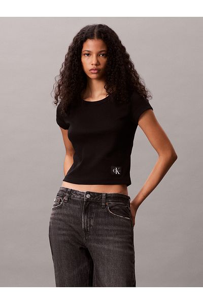 Calvin Klein Women Black Slim Fit Ribbed Cotton Badge T-shirt