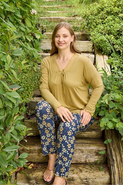 Miss Meryem Mustard Ring Viscose Lace Detailed Long Sleeve Plus Size Pajama Set