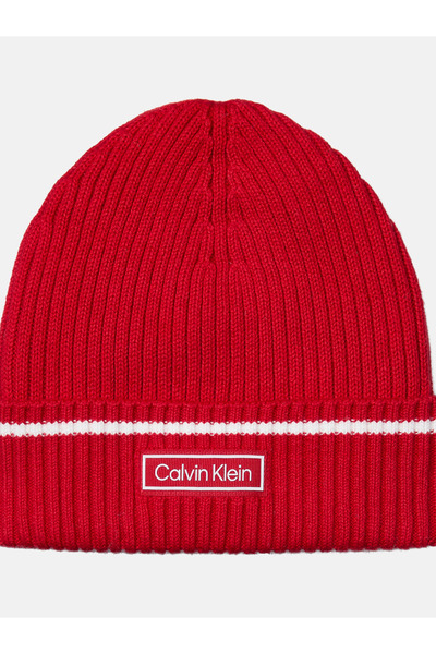 Calvin Klein Calvin Klein Men Red Patch Rib Cotton Cashmere Blend Beanie