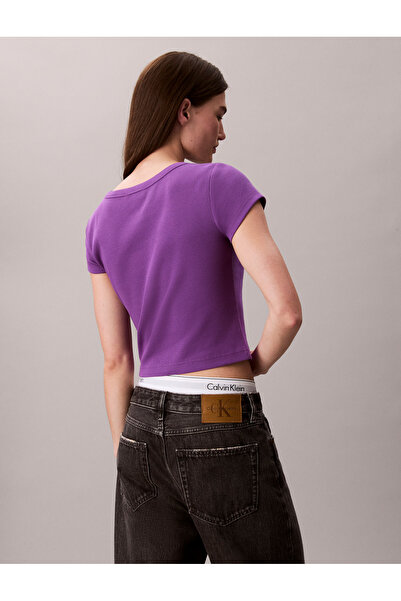 Calvin Klein Women Smokey Shadow Slim Fit Ribbed Cotton Badge T-shirt