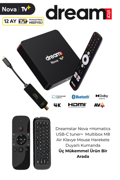 Dreamstar نوفا 4K Android TV Box 3 عبوات |   موالف هوماتكس USB-C + جهاز التحكم عن بعد Big M8 |   12 شهر تلفزيون+