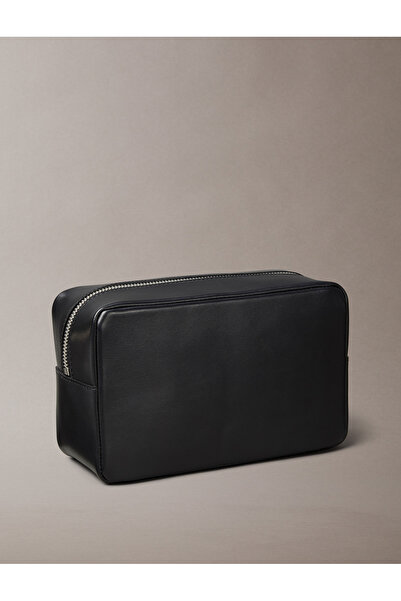Calvin Klein Men Black Full Grain Leather Wash Bag