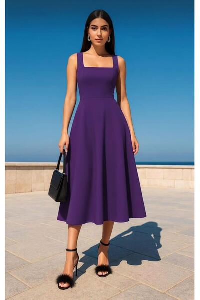 misigo Women's Square Neck Thick Strap Design Midi Length Dress Plum 583208