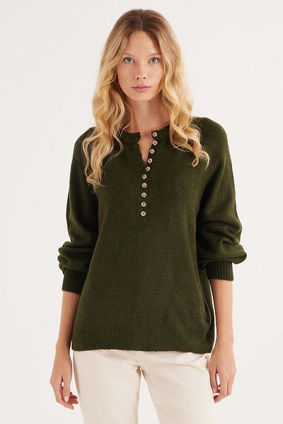Tudors Women's Oversize Wide Cut Button Collar Green Sweater
