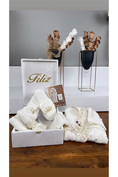 Benjamin Çeyiz İsme Özel Gelin Bornozu ve Terlik Takımı Bornoz Seti