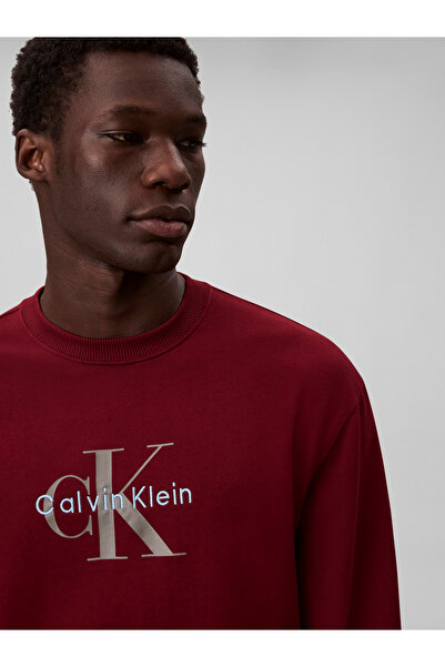 Calvin Klein Men Red Monogram Crew Neck Pullover Sweatshirt