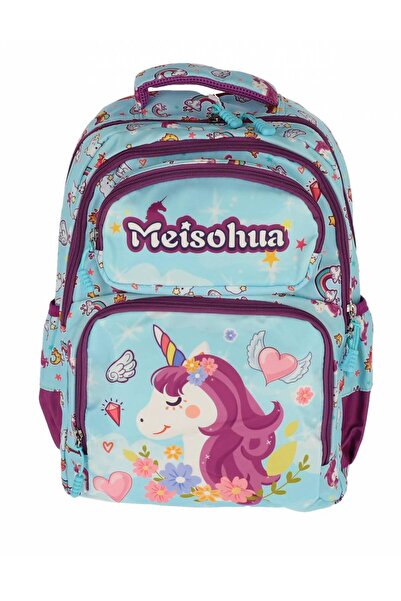 PIGNA Ghiozdan de școală clasa 0, unicorn, albastru și mov, cu 4 fermoare roz