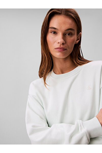 Calvin Klein Women White Archive Logo French Crew Neck Pullover Sweatshirt