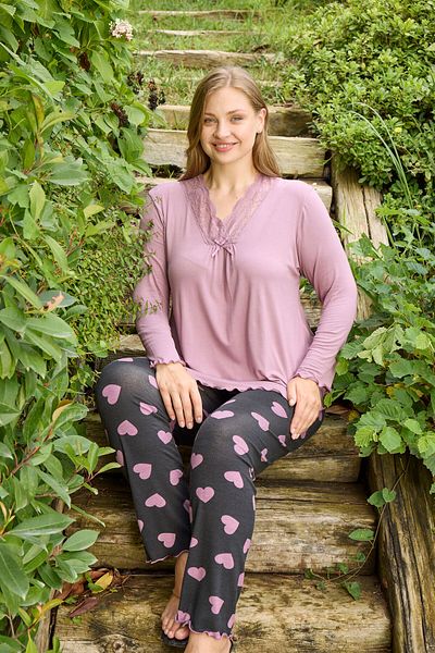 Miss Meryem Dusty Rose Ring Viscose Lace Detailed Long Sleeve Plus Size Pajama Set