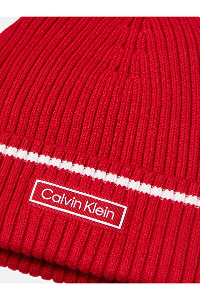 Calvin Klein Men Red Patch Rib Cotton Cashmere Blend Beanie