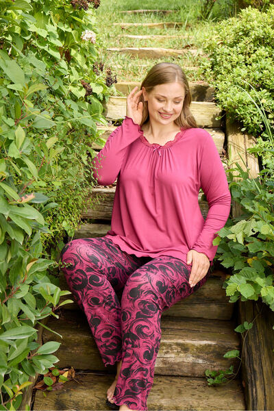 Miss Meryem Fuchsia Ring Viscose Lace Detailed Long Sleeve Plus Size Pajama Set