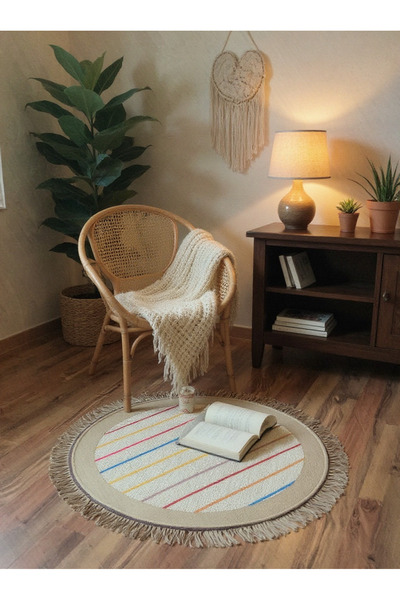 EVİMOD Brooklyn Multy Çizgili Yuvarlak Hasır Dokulu Kaymaz Tabanlı Makinede Yıkanan Halı Kilim Banyo Paspas