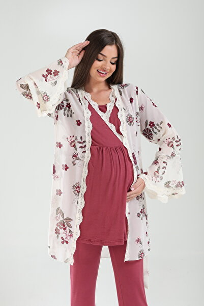 LOHOUSE Women's Burgundy Patterned Double Breasted Lace Maternity Maternity Pajama Set with Dress