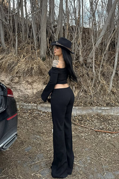 Siner Fashion Női fekete, hosszú ujjú Madonna galléros széles szárú alsó felső szett