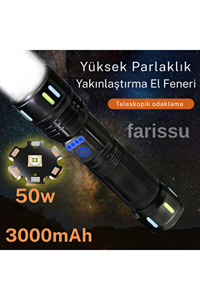 farissu RT-171 1000 Lümen 50W Şarjlı LED El Feneri – 5 Modlu, Teleskopik Odak...