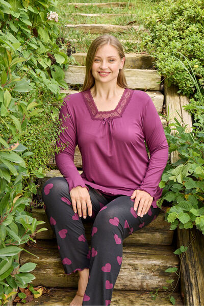 Miss Meryem Fuchsia Ring Viscose Lace Detailed Long Sleeve Plus Size Pajama Set
