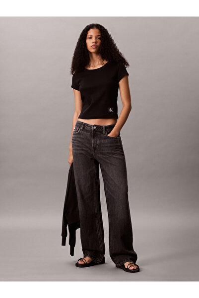 Calvin Klein Women Black Slim Fit Ribbed Cotton Badge T-shirt