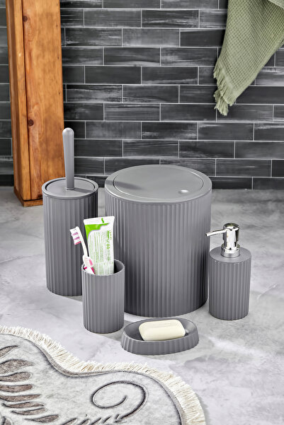 Homie POLO 5 Parça Yuvarlak Banyo Seti - Çöp Kovası WC Fırçası Sıvı-Katı Sabu...