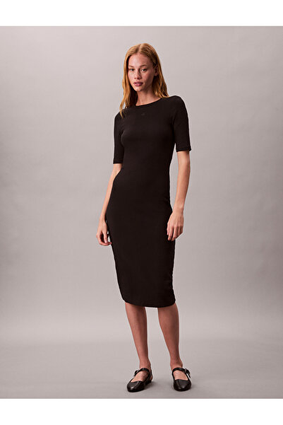 Calvin Klein Women Black Half Sleeve Ctn Contour 1X1 R T-shirt Dress