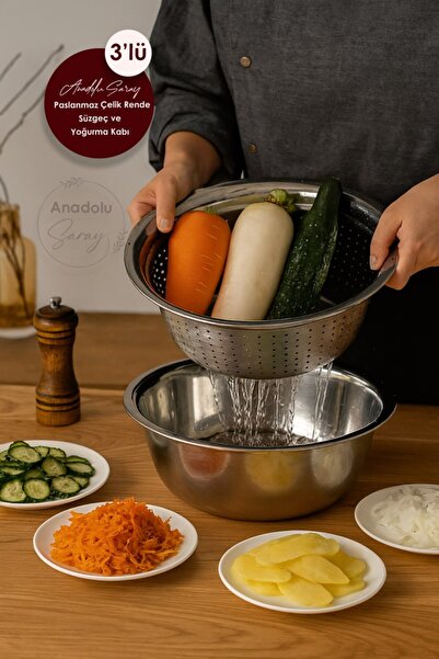 Anadolu Saray 3lü Set Çok Fonksiyonlu Paslanmaz Çelik Rende, Süzgeç ve Yoğurm...