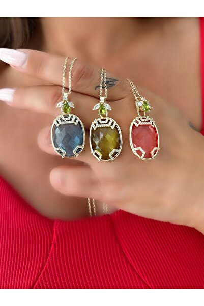 MyladyAccessoriess Zirkon Taş Arı Detay Oval Kesim Kolye Yeşil