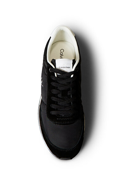 Calvin Klein Men Black/Bright White Suede Mix Signature Logo Retro Runner Trainers