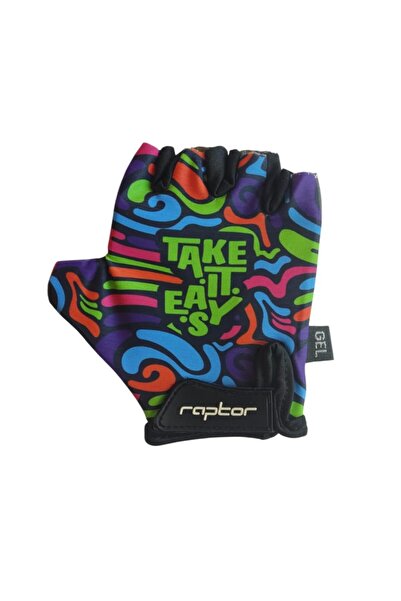 SARİSSA BİSİKLET Raptor Çocuk Eldiveni Kısa Parmak Çocuk Bisiklet Eldiveni Silikon Jelli Take it Easy Desenli M Beden