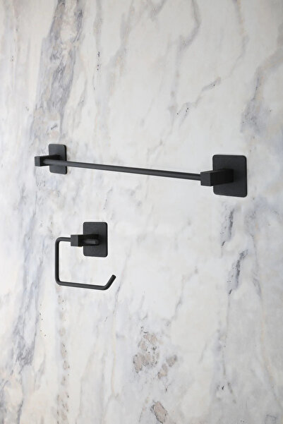 MultiStore طقم منظم حمام مكون من قطعتين - حامل مناشف طويل لاصق مربع أسود وحام...