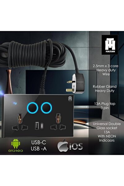 HASSAN وصلة تمديد مقبس عالمي مزدوج USB-C وUSB-A مع مؤشر نيون - طاقة 5 فولت 2.1 أمبير وعمر طويل