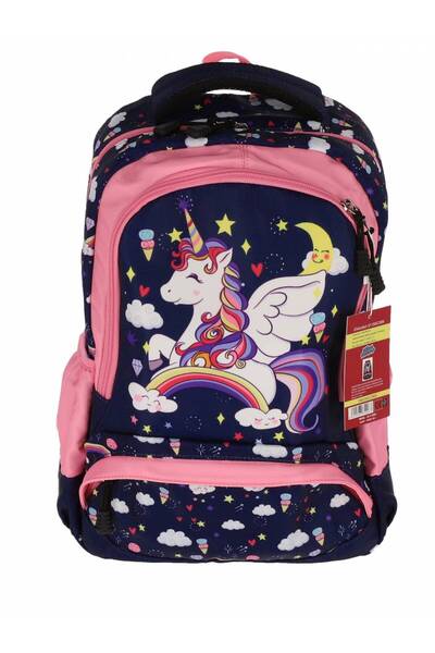 PIGNA Ghiozdan de școală clasa 0, Unicorn, stea albastră, 3 fermoare roz