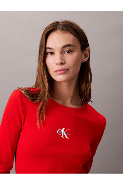 Calvin Klein Calvin Klein Women Fiery Red Monogram Logo Long Sleeve Baby Tee