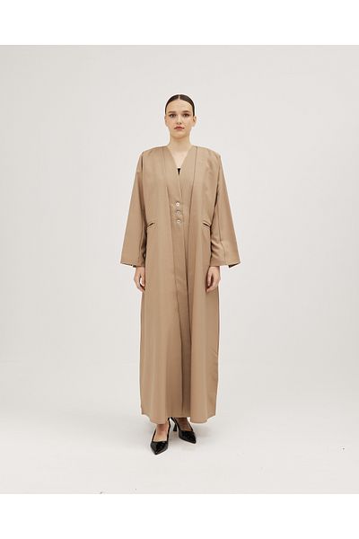 SOROSE SA Practical linen cloche abaya with pockets and a button-detailed collar - Beige