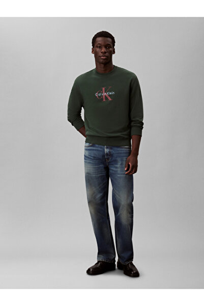 Calvin Klein Men Green Monogram Crew Neck Pullover Sweatshirt
