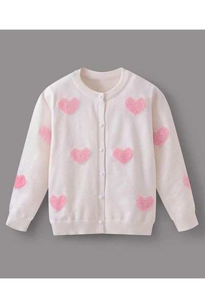 SAPS Button-Up Sweater with Heart Appliqués - White