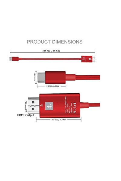 Bibilel USB 3.1 Type C to HDMI 4K Cable - 2 meters for Samsung Xiaom, Red