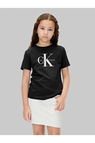 Calvin Klein تي شيرت كالفن كلاين للأطفال أسود اللون برقبة دائرية وشعار الماركة