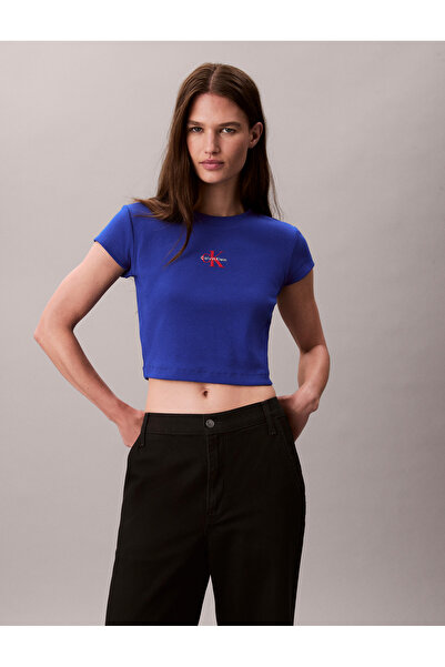 Calvin Klein Women Cobalt Monogram Logo Crew Neck Baby Tee