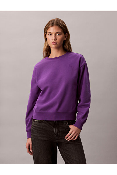 Calvin Klein Women Purple Archive Logo French Crew Neck Pullover Sweatshirt