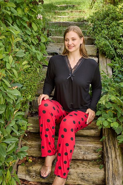 Miss Meryem Black Ring Viscose Lace Detailed Long Sleeve Plus Size Pajama Set