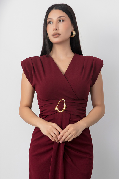 PULLIMM Double Breasted Collar Shoulder Padded Buckle Dress Ny3003