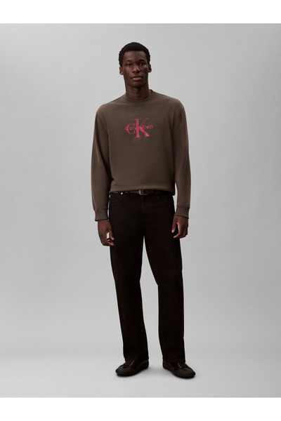 Calvin Klein Men Brown Monogram Crew Neck Pullover Sweatshirt