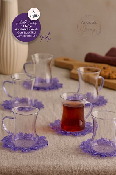 Anadolu Saray 12 Piece Purple Mica Plate Glass Borosilicate Tea Cup Set with Handles