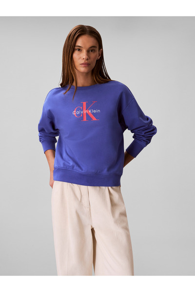 Calvin Klein سويت شيرت نسائي أزرق مريح من قماش تيري الفرنسي بنقشة أحادية اللون