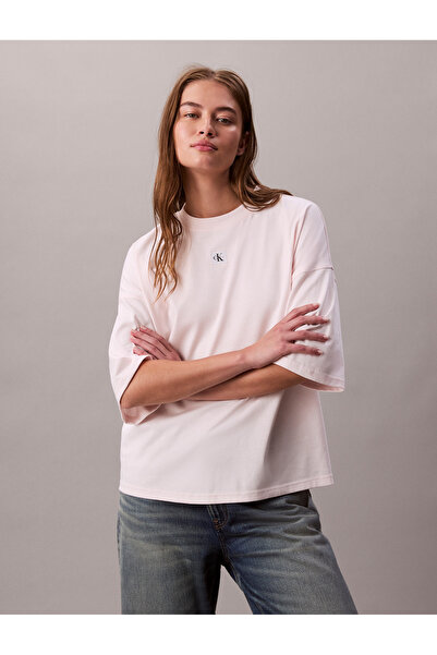 Calvin Klein Women Lacey Lilac Logo Relaxed Fit Crew Neck T-Shirt