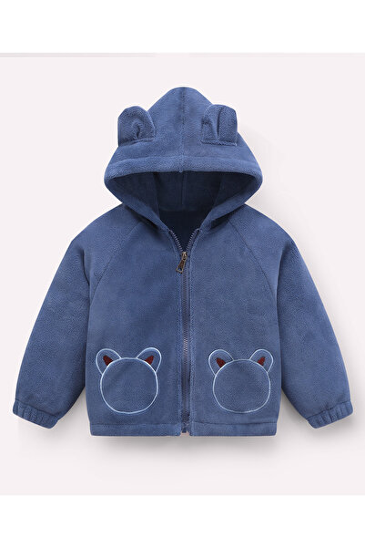 SAPS جاكيت بغطاء رأس وأكمام طويلة مطرز بوجه دب - أزرق