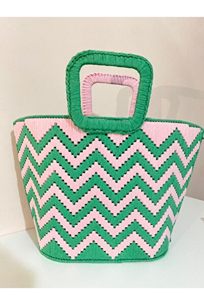Ucuz Parçacım Hand Knitted Zigzag Patterned Canvas Bag – Pink & Green, 30×40 Cm, Handmade
