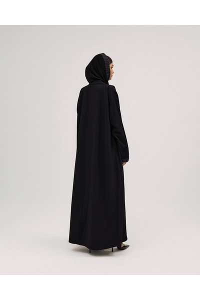 SOROSE SA Black Cobra wrap abaya, half-flare, with a striped turn-down collar, in navy blue